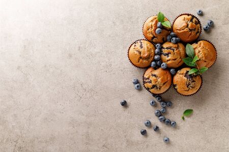 Blueberry muffins with fresh berries, top viewの写真素材