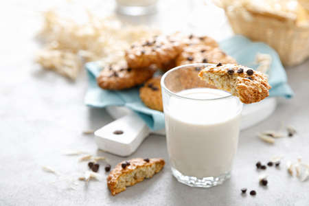 Oat milk. Delicious and healthy vegetarian alternative milk drinkの写真素材