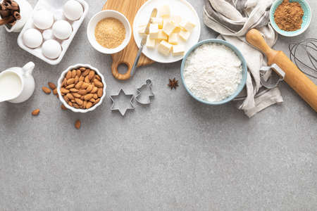 Christmas culinary background with baking ingredients, copy space for text, top down viewの写真素材