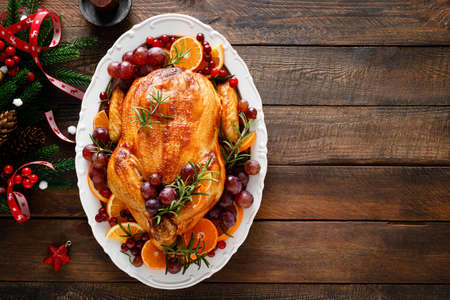 Roasted turkey, festive celebration food for Christmas dinnerの写真素材