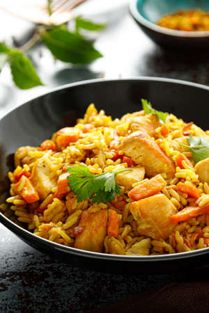 Pilaf or pilau with chicken, traditional uzbek hot dish of boiled rice, chicken meat, vegetables and spices on plate.の写真素材