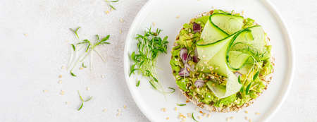 Vegan open sandwich with dietary crispbread, fresh cucumber, onion, sesame seed, microgreens and...