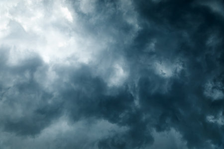 Sky. Dark stormy sky, thunderstorm and hurricane, clouds backgroundの写真素材