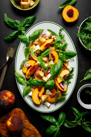 Peach Panzanella salad with crusty bread, basil leaves, arugula, feta cheese and balsamic vinegar, top viewの写真素材