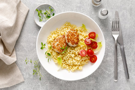 Couscous with chicken patties, cutlets and tomatoes, top down viewの写真素材