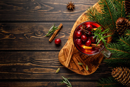 Christmas mulled wine with cranberry, orange, cinnamon, anise and rosemary. Traditional hot drink or beverage, festive Xmas or New Year winter cocktailの写真素材