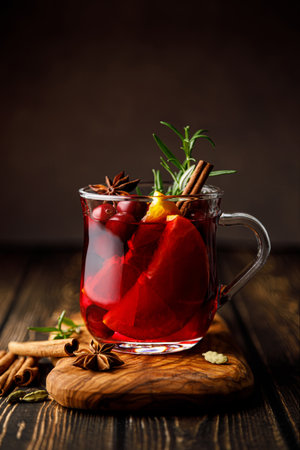 Christmas mulled wine with cranberry, orange, cinnamon, anise and rosemary. Traditional hot drink or beverage, festive Xmas or New Year winter cocktailの写真素材