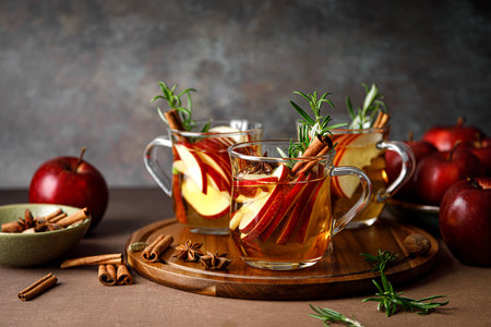 Christmas mulled apple cider with cinnamon, anise and rosemary. Traditional hot drink or beverage, festive Xmas or New Year winter cocktailの写真素材