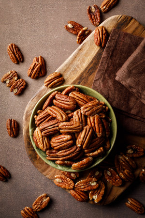 Pecan nuts in a bowl on a brown background, top view