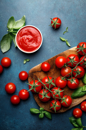 Tomato paste, sauce, ketchup and cherry tomatoes on branches and basil, top viewの写真素材