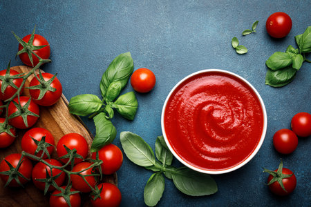 Tomato paste, sauce, ketchup and cherry tomatoes on branches and basil, top viewの写真素材