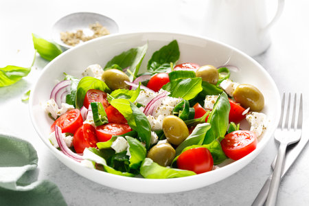 Fresh healthy vegetable Mediterranean salad of feta cheese, tomato, olives, green pepper and green basil leavesの写真素材