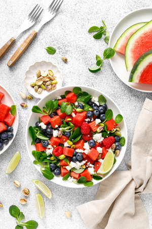 Watermelon and feta cheese salad with blueberry, raspberry, pistachios and fresh greens, top viewの写真素材