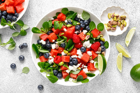 Watermelon and feta cheese salad with blueberry, raspberry, pistachios and fresh greens, top viewの写真素材