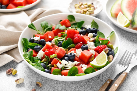 Watermelon and feta cheese salad with blueberry, raspberry, pistachios and fresh greensの写真素材