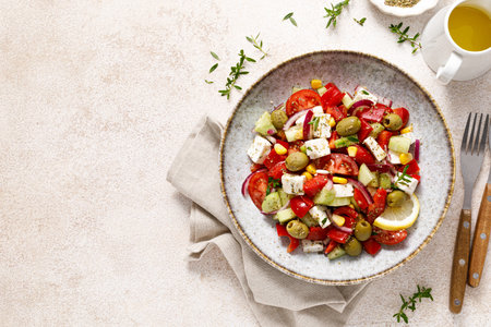 Salad with feta cheese, olives and fresh vegetables, top viewの写真素材