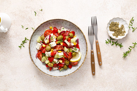 Salad with feta cheese, olives and fresh vegetables, top viewの写真素材