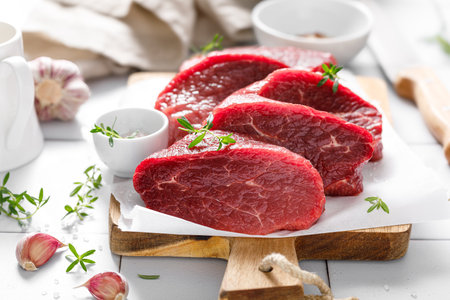 Beef. Raw beef tenderloin meat, beef steaks with ingredients for cookingの写真素材