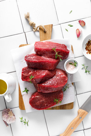 Beef. Raw beef tenderloin meat, beef steaks with ingredients for cooking. Top viewの写真素材
