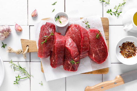 Beef. Raw beef tenderloin meat, beef steaks with ingredients for cooking. Top viewの写真素材