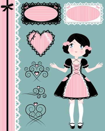 Vintage girl with matching design elementsのイラスト素材