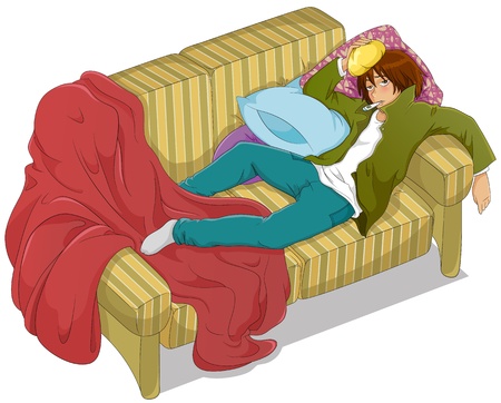 k boy with high fever lying on the sofaのイラスト素材
