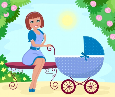 Young woman with a stroller sitting in the parkのイラスト素材