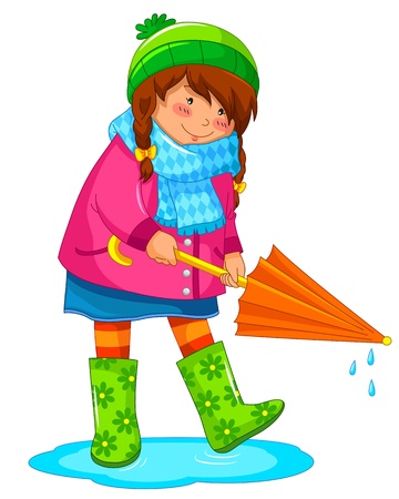 girl with umbrella standing in a puddleのイラスト素材