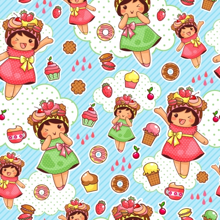 seamless pattern with cute girls and sweetsのイラスト素材