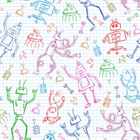 seamless pattern with doodles of robotsのイラスト素材