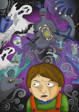 little boy scared of imaginary monstersのイラスト素材