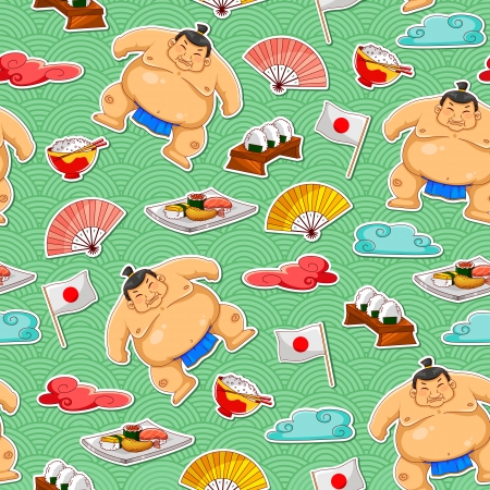 seamless pattern with sumo wrestlers and Japanese symbolsのイラスト素材