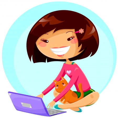 young girl using her laptop while the cat sits on her kneesのイラスト素材