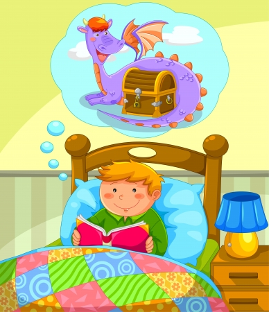 boy in bed reading a book about dragonsのイラスト素材