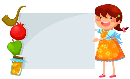 girl holding blank placard next to symbols of Rosh Hashanah  Jewish New Year のイラスト素材
