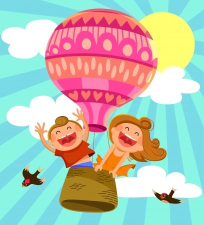 two happy kids flying in a hot air balloonのイラスト素材