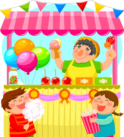 kids buying sweets from a festive candy stallのイラスト素材