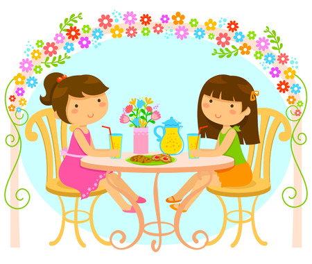girls having juice and cookies under an arch of blooming flowersのイラスト素材