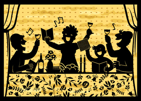 silhouette of a family celebrating Passover over background with matzo textureのイラスト素材