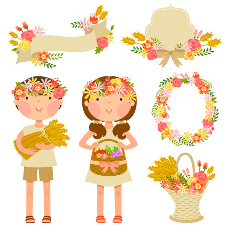 two kids carrying crops and a set of elements related to flowers and harvest theme of the Jewish holiday Shavuotのイラスト素材