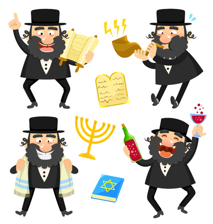 set of cartoon rabbis and Jewish symbolsのイラスト素材