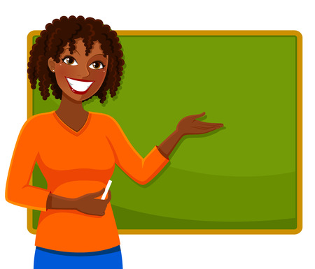 happy teacher of African ethnicity standing next to a blackboardのイラスト素材
