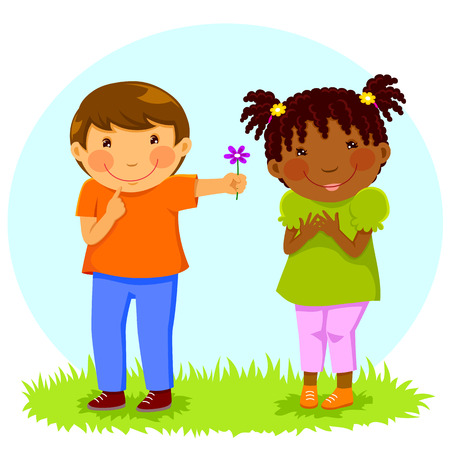 Caucasian boy gives a flower to an African girlのイラスト素材