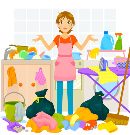 young woman overwhelmed by too much houseworkのイラスト素材