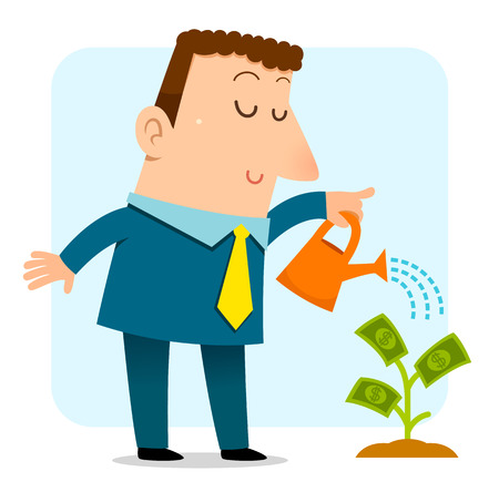 business man watering a sapling that grows moneyのイラスト素材