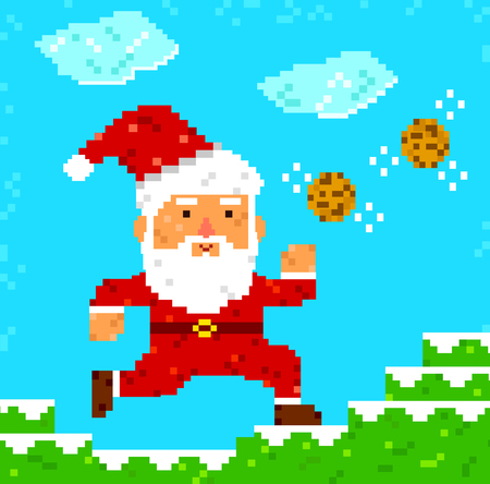 retro 8 bit pixel Santa Clause catching cookiesのイラスト素材