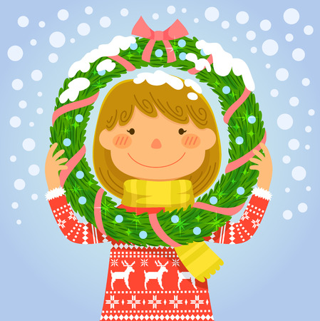 happy girl holding a Christmas wreath in the snowのイラスト素材