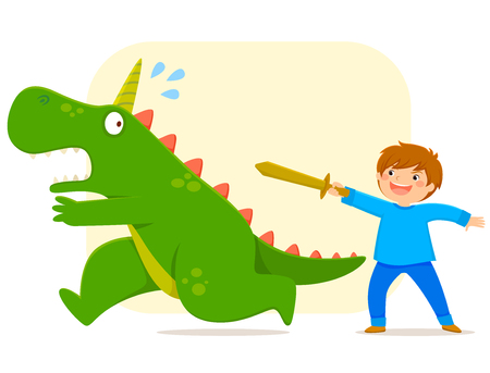 Little boy with a wooden sword defeating a monsterのイラスト素材