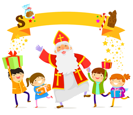 Sinterklaas dancing with happy childrenのイラスト素材
