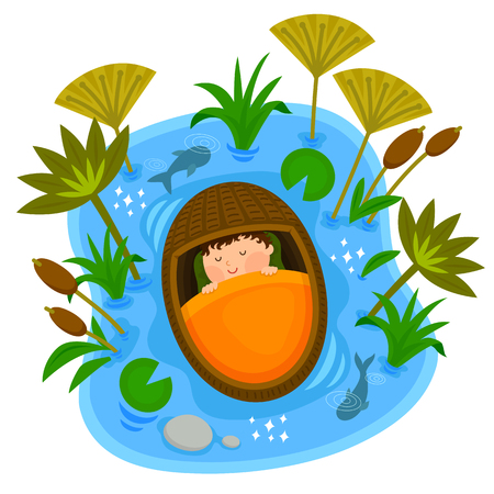 Biblical scene of baby Moses sleeping peacefully in the ark while floating on the Nile Riverのイラスト素材